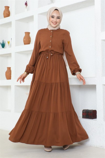 Belden Bağcıklı Viskon Elbise TABA - Thumbnail