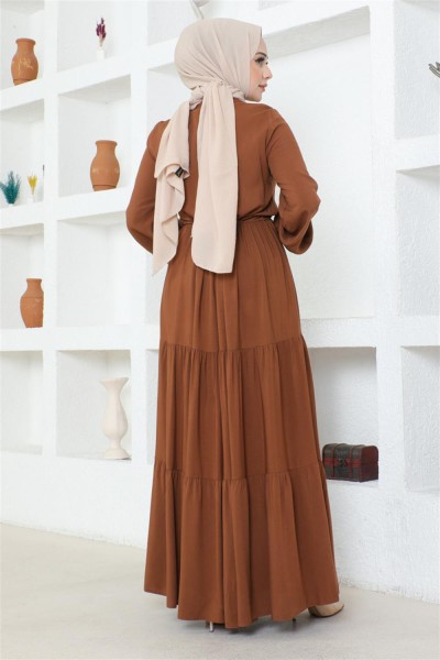 Belden Bağcıklı Viskon Elbise TABA - Thumbnail