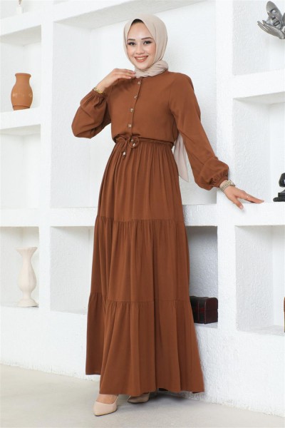 Belden Bağcıklı Viskon Elbise TABA - Thumbnail