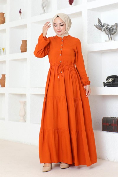 Belden Bağcıklı Viskon Elbise TURUNCU - Thumbnail