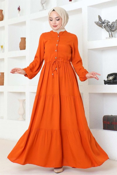 Belden Bağcıklı Viskon Elbise TURUNCU - Thumbnail