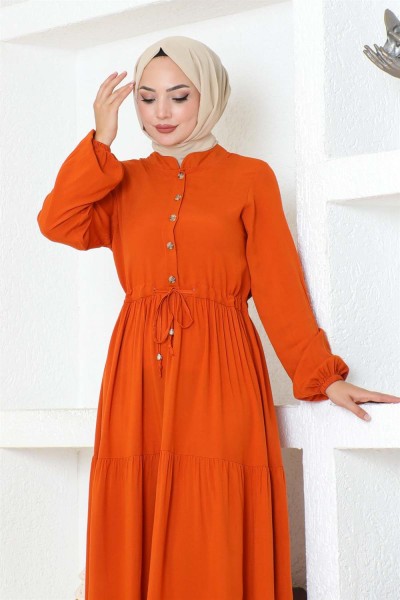 Belden Bağcıklı Viskon Elbise TURUNCU - Thumbnail