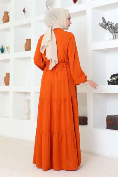 Belden Bağcıklı Viskon Elbise TURUNCU - Thumbnail