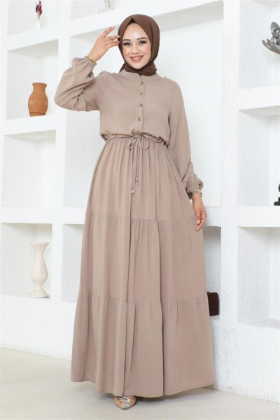 Belden Bağcıklı Viskon Elbise VİZON - Thumbnail