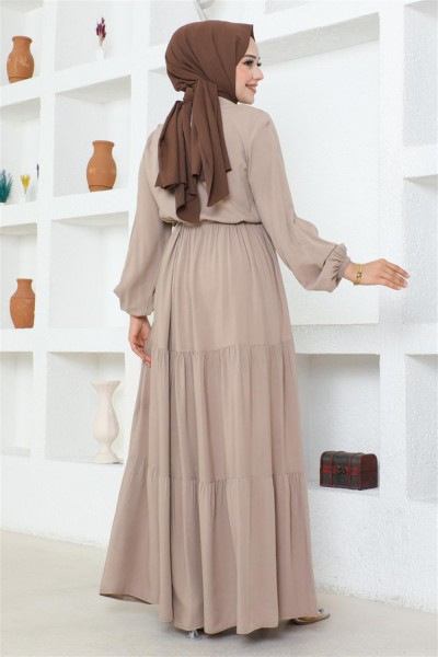 Belden Bağcıklı Viskon Elbise VİZON - Thumbnail