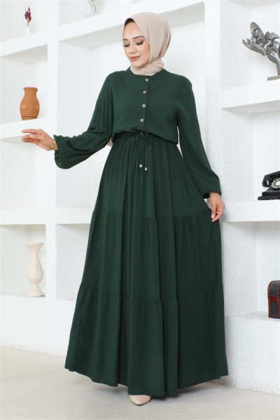 Belden Bağcıklı Viskon Elbise ZÜMRÜT YEŞİLİ - Thumbnail