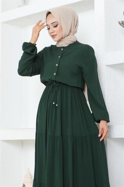 Belden Bağcıklı Viskon Elbise ZÜMRÜT YEŞİLİ - Thumbnail