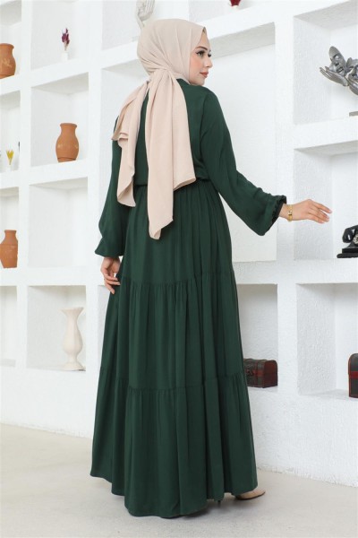 Belden Bağcıklı Viskon Elbise ZÜMRÜT YEŞİLİ - Thumbnail