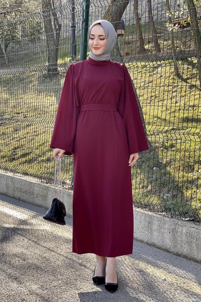 END - Belden Bağlamalı Elbise BORDO