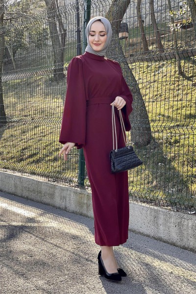 Belden Bağlamalı Elbise BORDO - Thumbnail