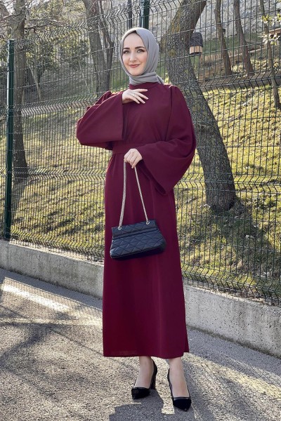 Belden Bağlamalı Elbise BORDO - Thumbnail