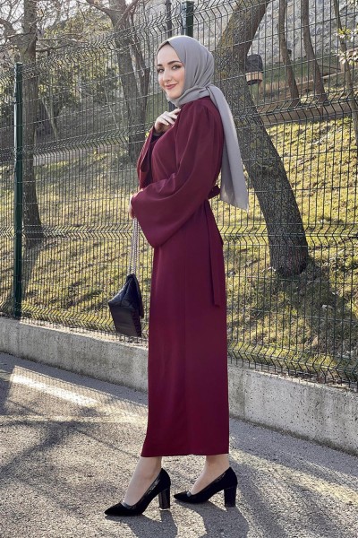 Belden Bağlamalı Elbise BORDO - Thumbnail