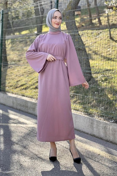 Belden Bağlamalı Elbise PUDRA - Thumbnail