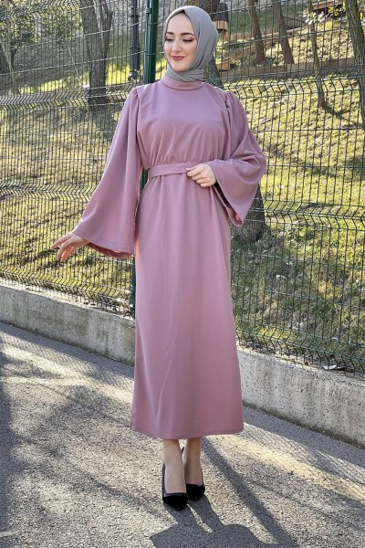 Belden Bağlamalı Elbise PUDRA - Thumbnail