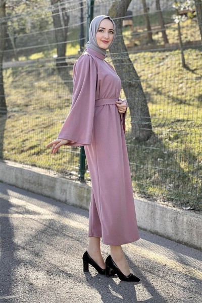 Belden Bağlamalı Elbise PUDRA - Thumbnail