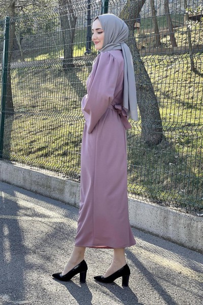 Belden Bağlamalı Elbise PUDRA - Thumbnail