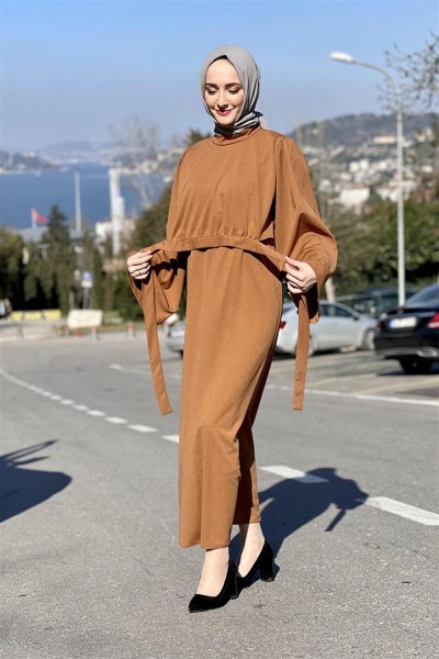 Belden Bağlamalı Elbise TABA - Thumbnail