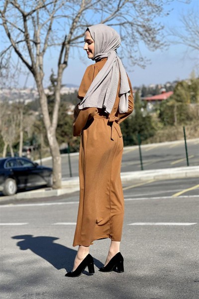 Belden Bağlamalı Elbise TABA - Thumbnail