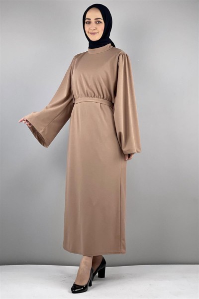 Belden Bağlamalı Elbise VİZON - Thumbnail