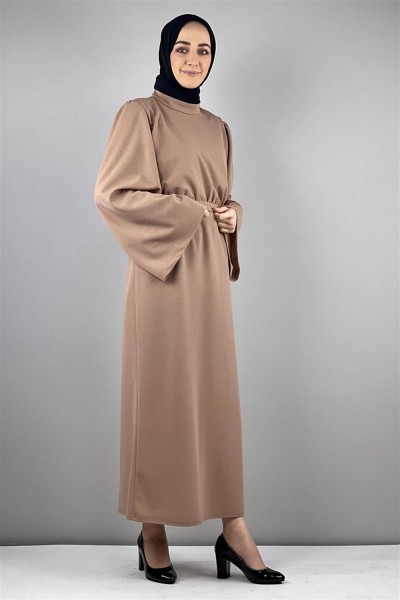 Belden Bağlamalı Elbise VİZON - Thumbnail