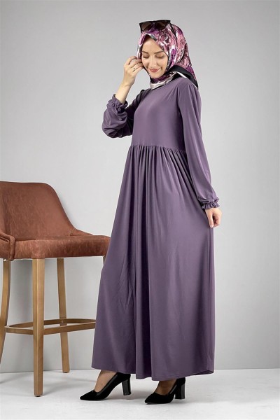 Belden Pileli Tesettür Elbise LİLA - Thumbnail