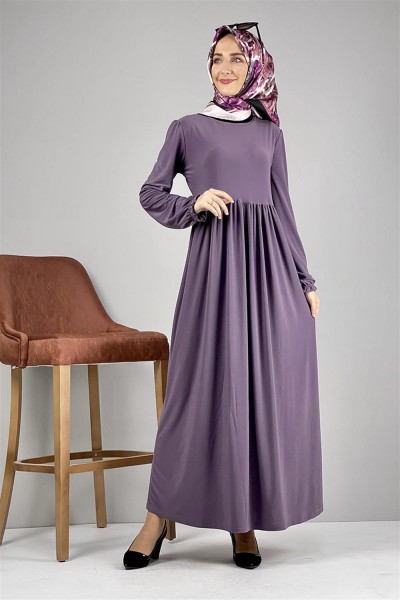 Belden Pileli Tesettür Elbise LİLA - Thumbnail
