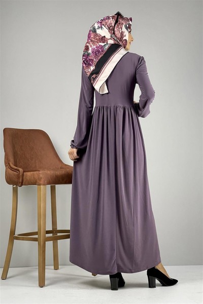 Belden Pileli Tesettür Elbise LİLA - Thumbnail