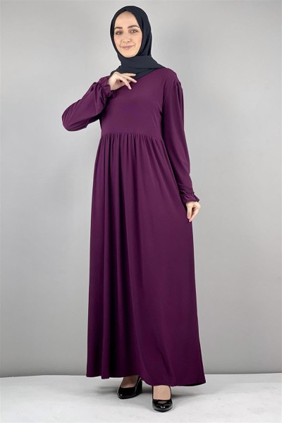 Belden Pileli Tesettür Elbise MÜRDÜM - Thumbnail