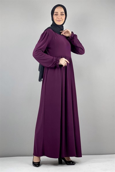 Belden Pileli Tesettür Elbise MÜRDÜM - Thumbnail