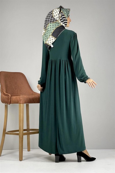 Belden Pileli Tesettür Elbise ZÜMRÜT YEŞİLİ - Thumbnail