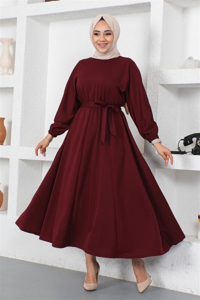MG - Beli Büzgülü Kemerli Elbise BORDO