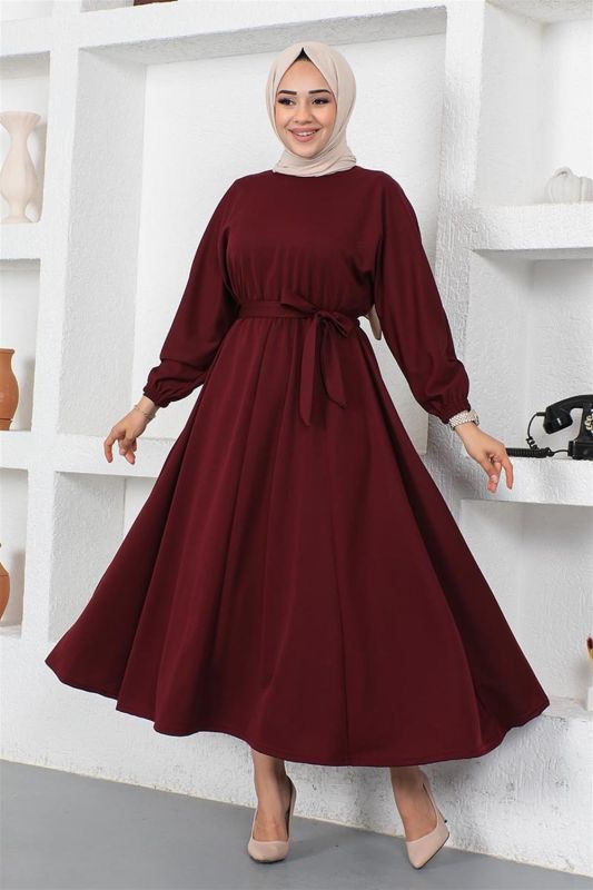 Beli Büzgülü Kemerli Elbise BORDO - 1