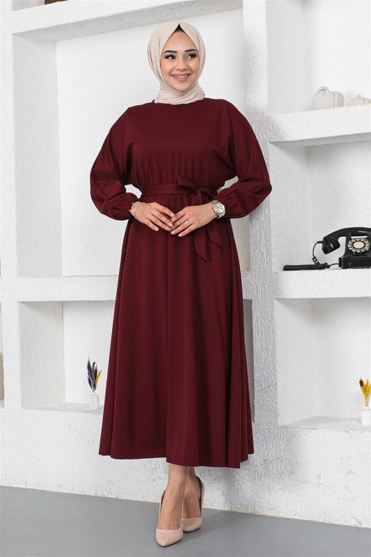 Beli Büzgülü Kemerli Elbise BORDO - 2