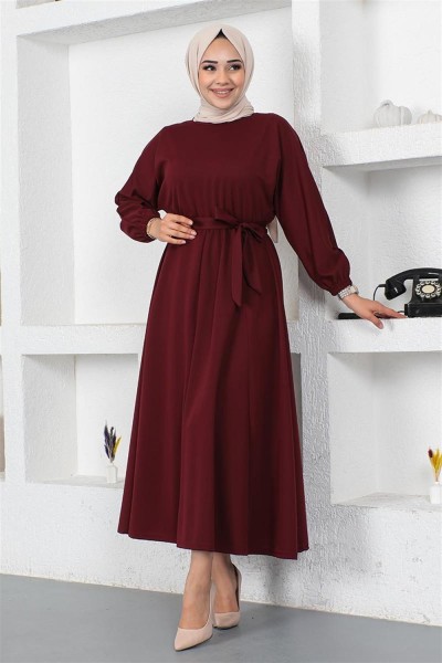 Beli Büzgülü Kemerli Elbise BORDO - Thumbnail
