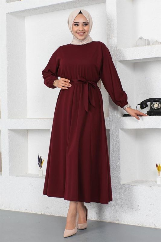 Beli Büzgülü Kemerli Elbise BORDO - 3