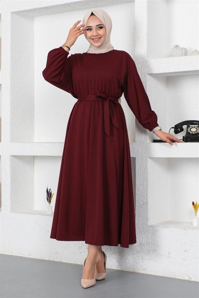 Beli Büzgülü Kemerli Elbise BORDO - Thumbnail