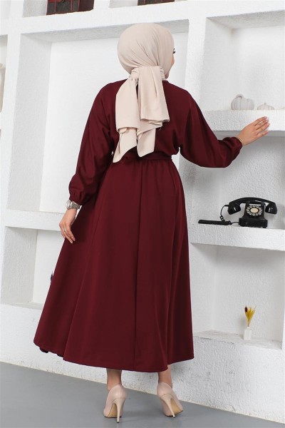 Beli Büzgülü Kemerli Elbise BORDO - Thumbnail