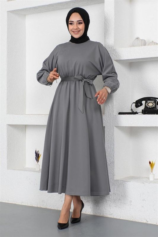 Beli Büzgülü Kemerli Elbise GRİ - 2