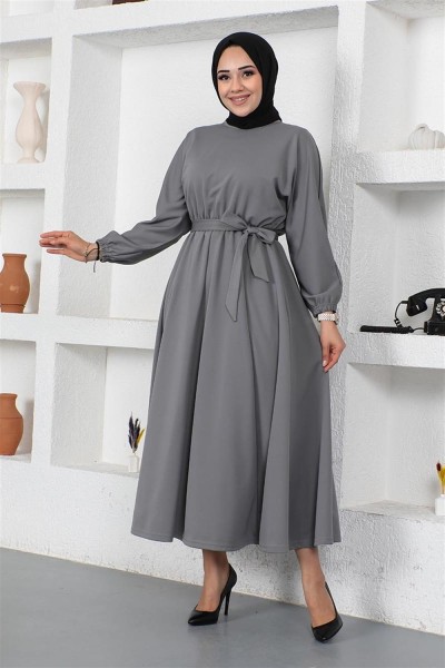 Beli Büzgülü Kemerli Elbise GRİ - Thumbnail