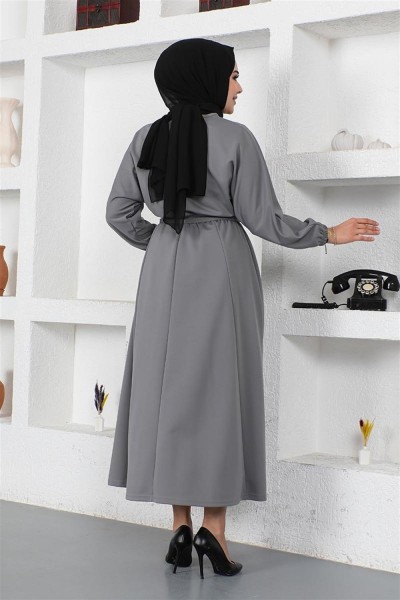 Beli Büzgülü Kemerli Elbise GRİ - Thumbnail