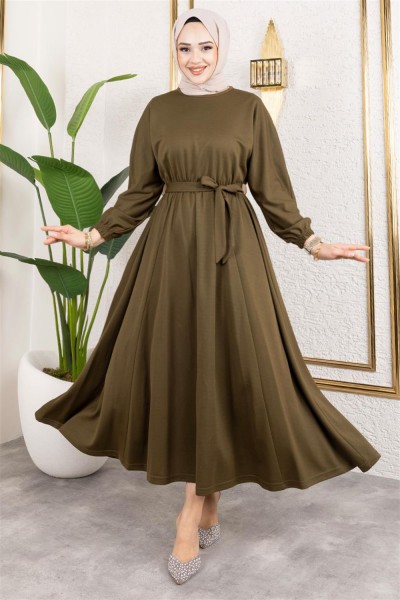 MG - Beli Büzgülü Kemerli Elbise HAKİ