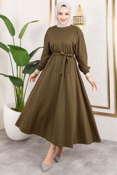Beli Büzgülü Kemerli Elbise HAKİ - Thumbnail