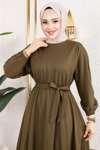 Beli Büzgülü Kemerli Elbise HAKİ - Thumbnail