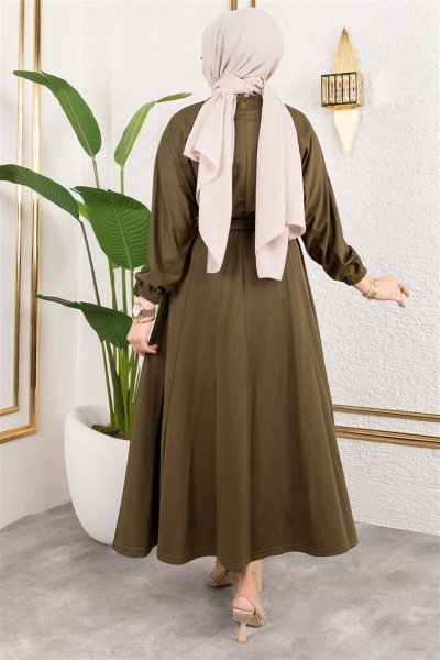 Beli Büzgülü Kemerli Elbise HAKİ - Thumbnail