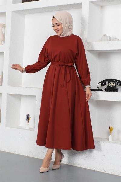 Beli Büzgülü Kemerli Elbise KİREMİT - Thumbnail