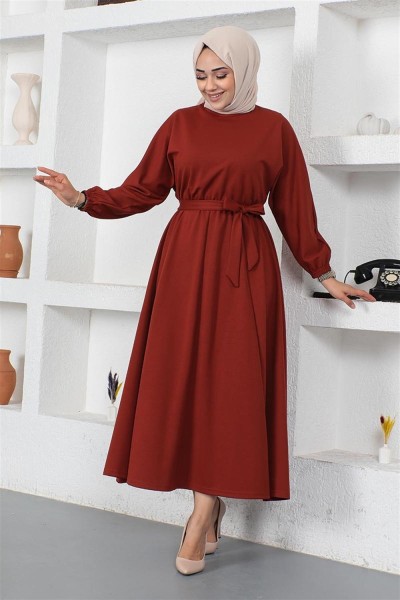 Beli Büzgülü Kemerli Elbise KİREMİT - Thumbnail