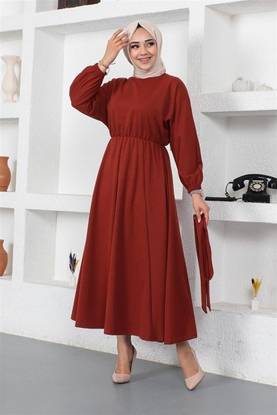 Beli Büzgülü Kemerli Elbise KİREMİT - Thumbnail