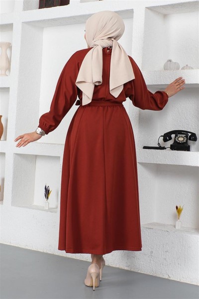Beli Büzgülü Kemerli Elbise KİREMİT - Thumbnail