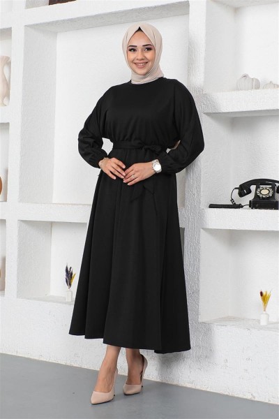 Beli Büzgülü Kemerli Elbise SİYAH - Thumbnail