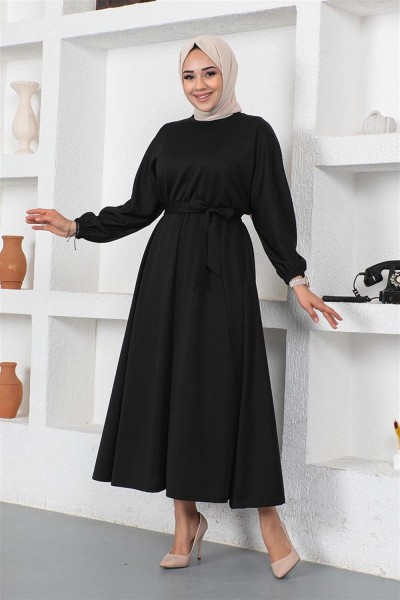Beli Büzgülü Kemerli Elbise SİYAH - Thumbnail